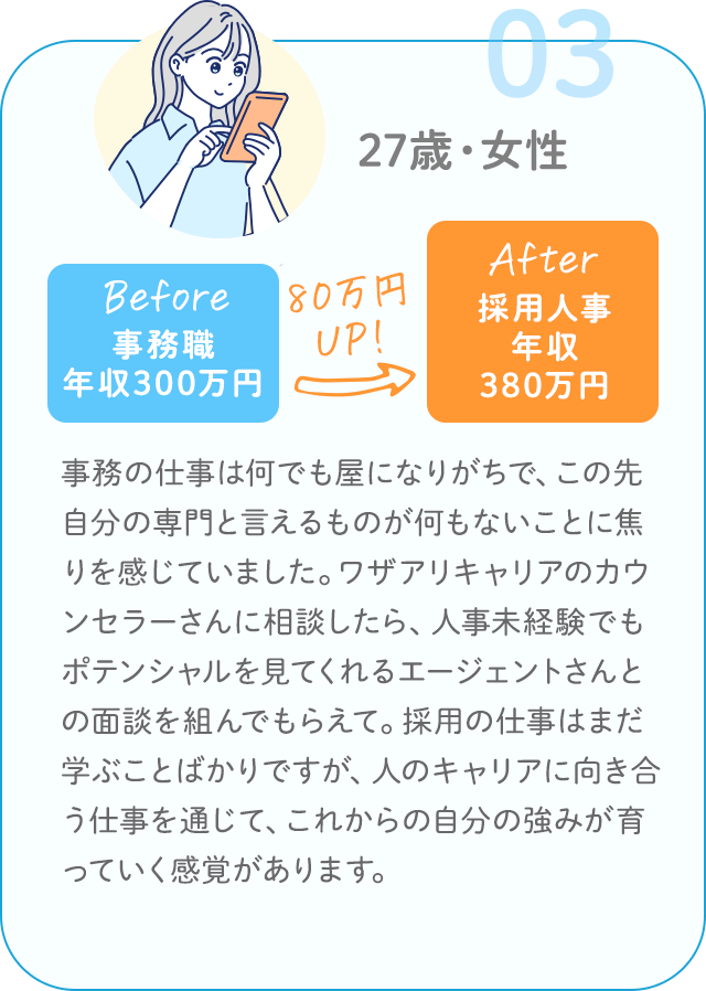 27歳・女性／事務職 年収300万円 → 採用人事 年収380万円（80万円UP）